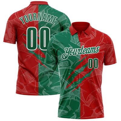Custom Graffiti Pattern Kelly Green Red-White 3D Scratch Performance Polo Shirt