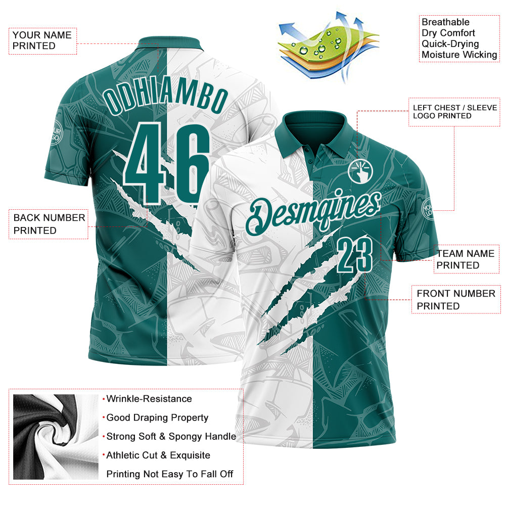 Custom Graffiti Pattern Teal-White 3D Scratch Performance Polo Shirt