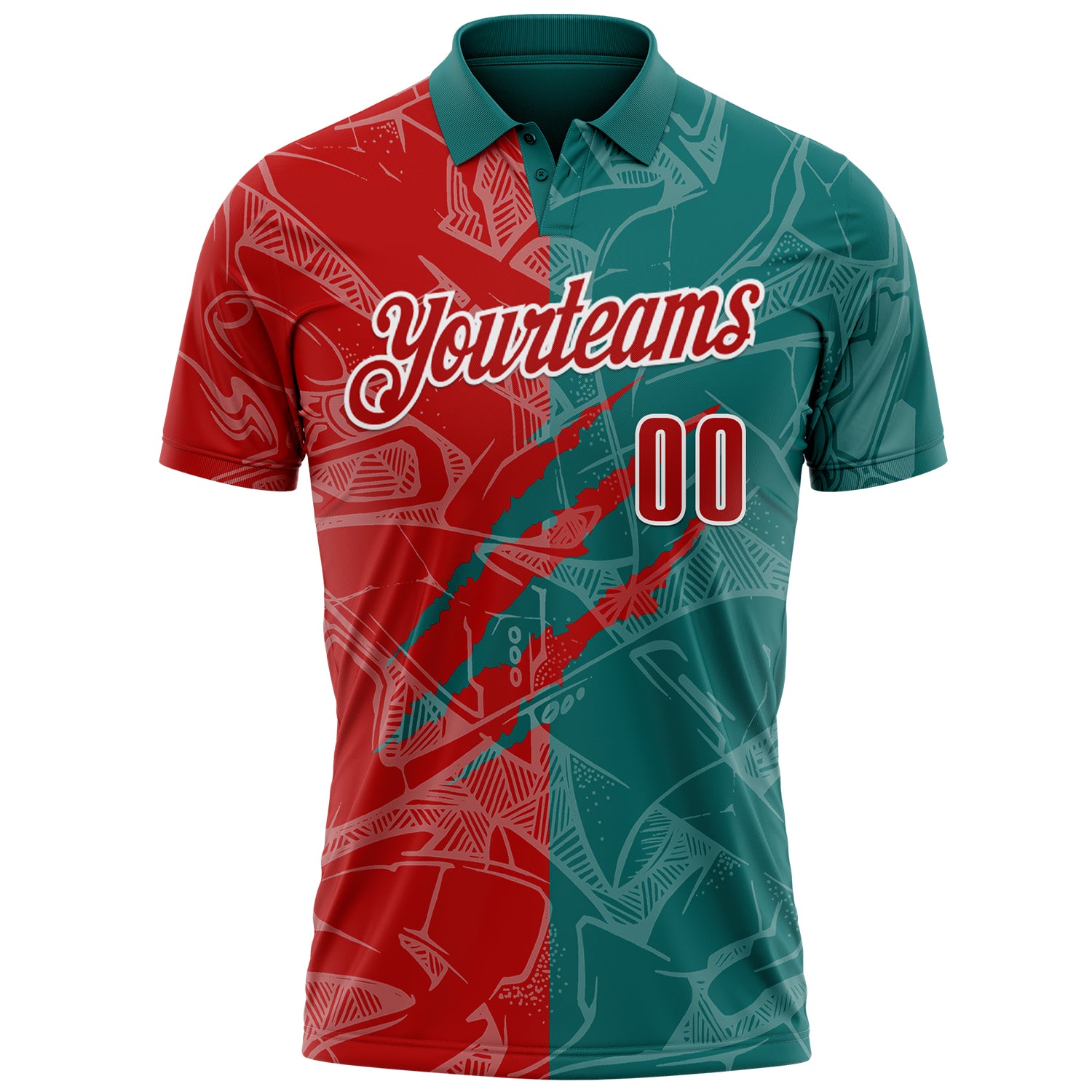 Custom Graffiti Pattern Red Teal-White 3D Scratch Performance Polo Shirt