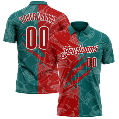 Custom Graffiti Pattern Red Teal-White 3D Scratch Performance Polo Shirt