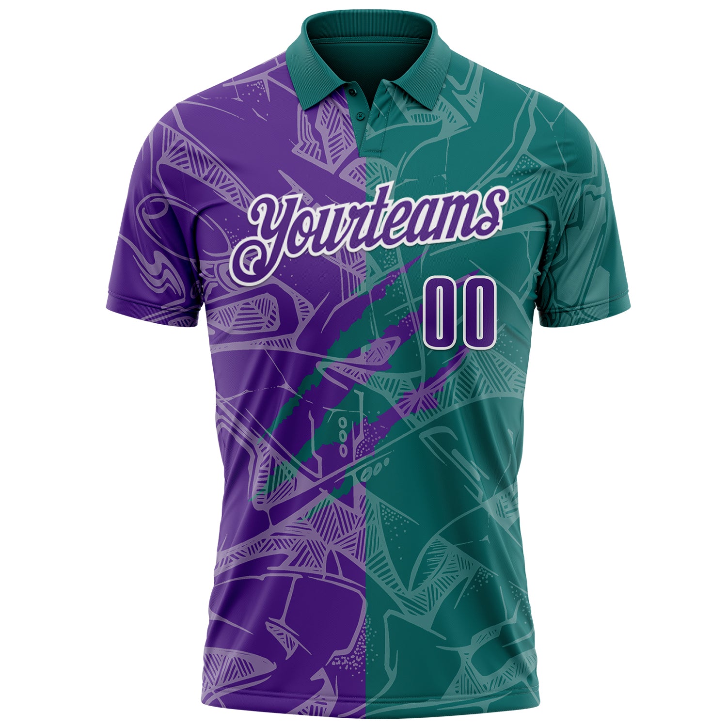 Custom Graffiti Pattern Purple Teal-White 3D Scratch Performance Polo Shirt