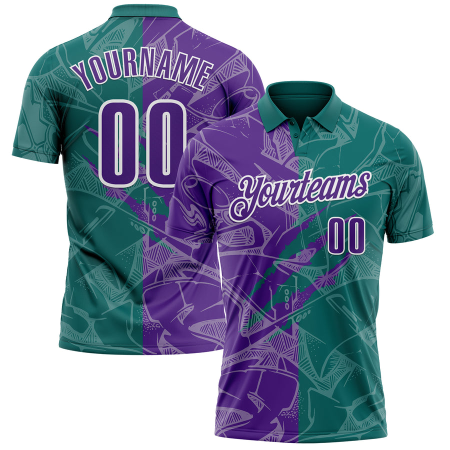 Custom Graffiti Pattern Purple Teal-White 3D Scratch Performance Polo Shirt