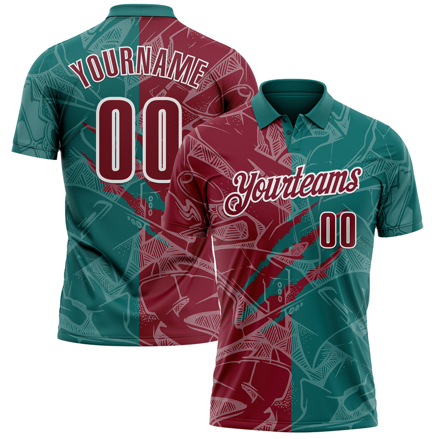 Custom Graffiti Pattern Crimson Teal-White 3D Scratch Performance Polo Shirt