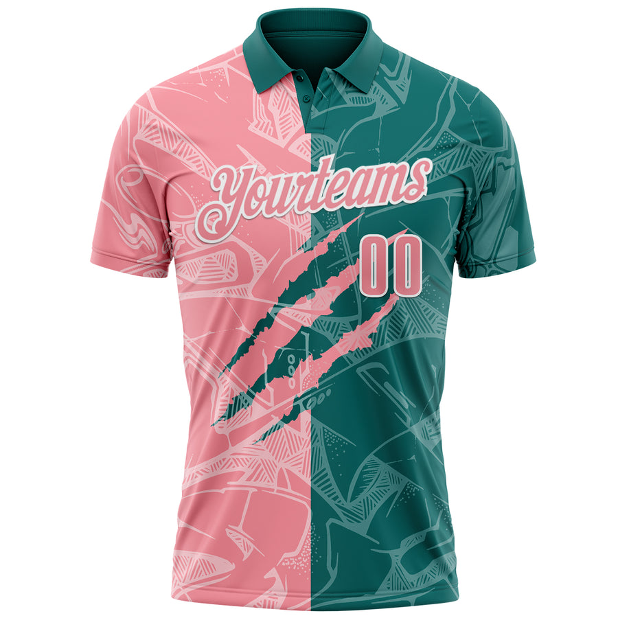 Custom Graffiti Pattern Medium Pink Teal-White 3D Scratch Performance Polo Shirt