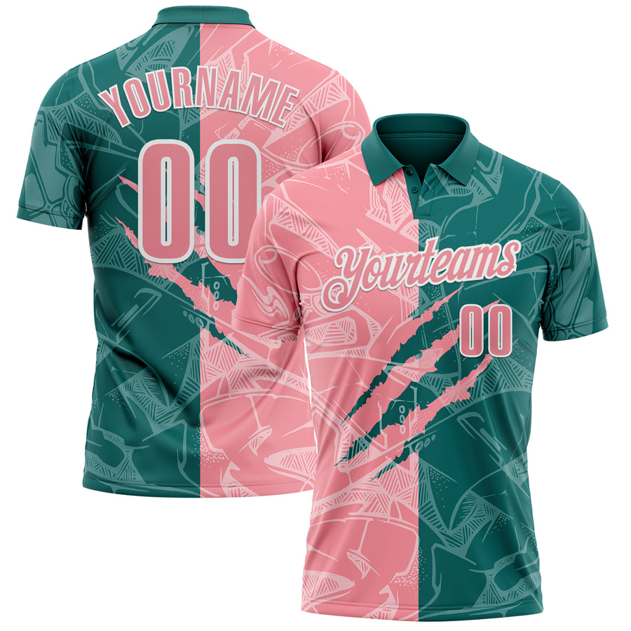 Custom Graffiti Pattern Medium Pink Teal-White 3D Scratch Performance Polo Shirt