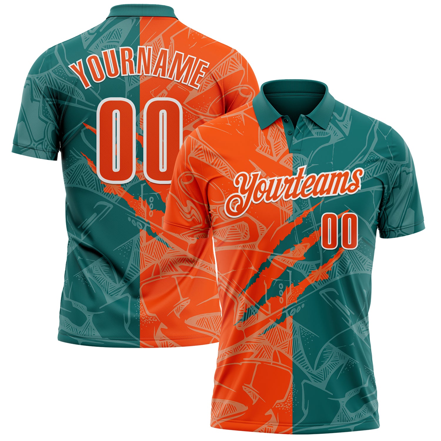 Custom Graffiti Pattern Orange Teal-White 3D Scratch Performance Polo Shirt