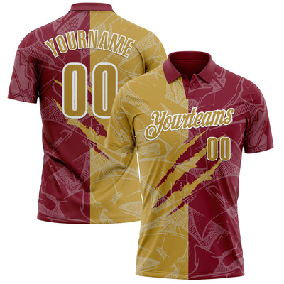 Custom Graffiti Pattern Old Gold Crimson-White 3D Scratch Performance Polo Shirt