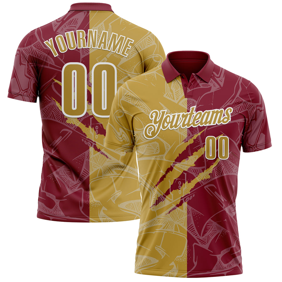 Custom Graffiti Pattern Old Gold Crimson-White 3D Scratch Performance Polo Shirt