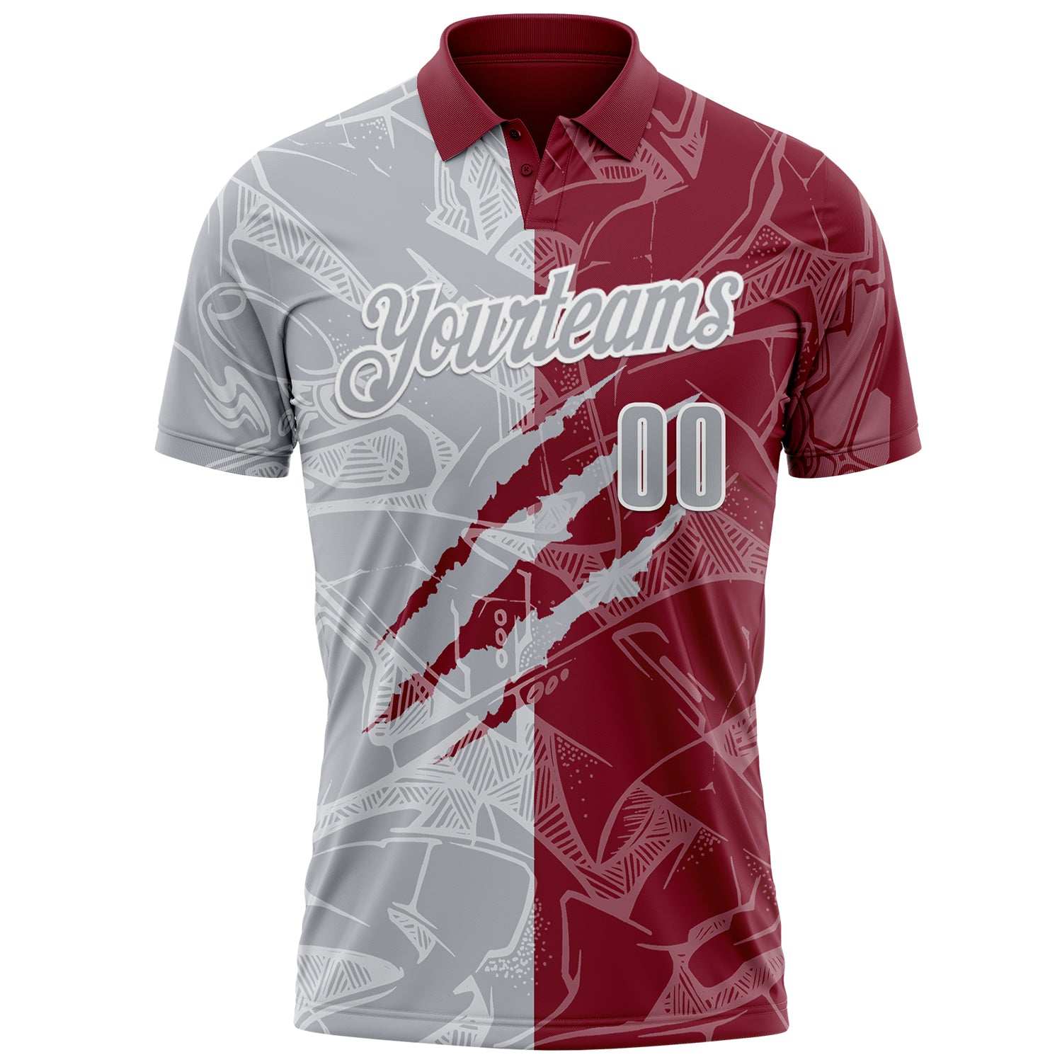 Custom Graffiti Pattern Gray Crimson-White 3D Scratch Performance Polo Shirt
