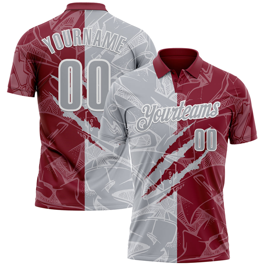 Custom Graffiti Pattern Gray Crimson-White 3D Scratch Performance Polo Shirt