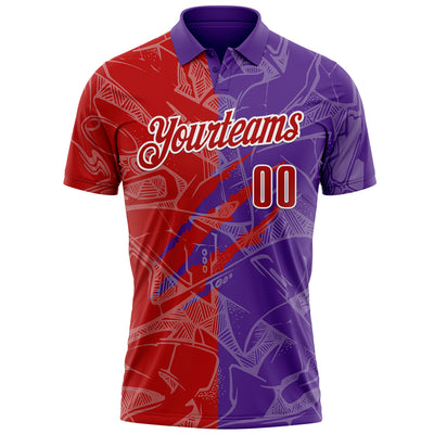 Custom Graffiti Pattern Red Purple-White 3D Scratch Performance Polo Shirt
