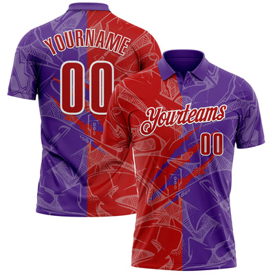 Custom Graffiti Pattern Red Purple-White 3D Scratch Performance Polo Shirt