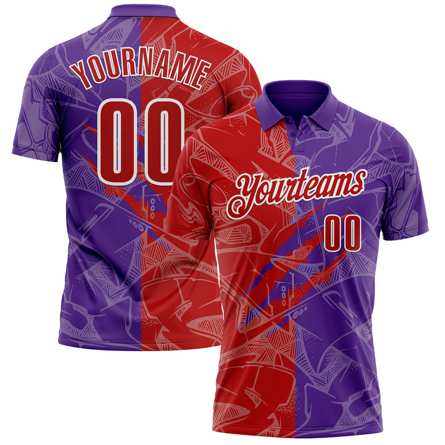 Custom Graffiti Pattern Red Purple-White 3D Scratch Performance Polo Shirt