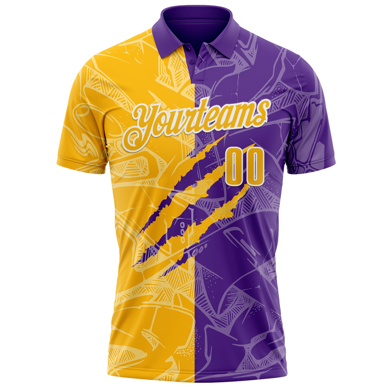 Custom Graffiti Pattern Gold Purple-White 3D Scratch Performance Polo Shirt