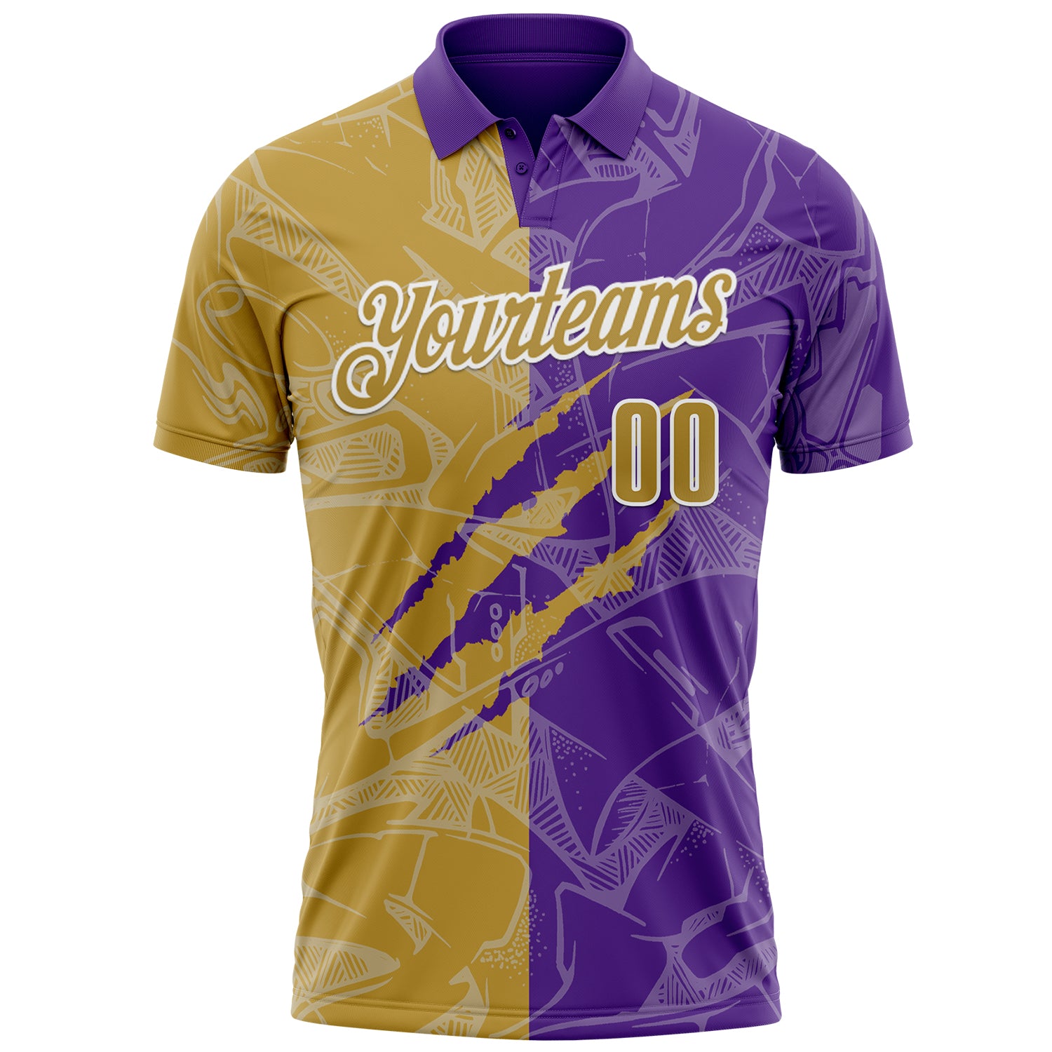 Custom Graffiti Pattern Old Gold Purple-White 3D Scratch Performance Polo Shirt