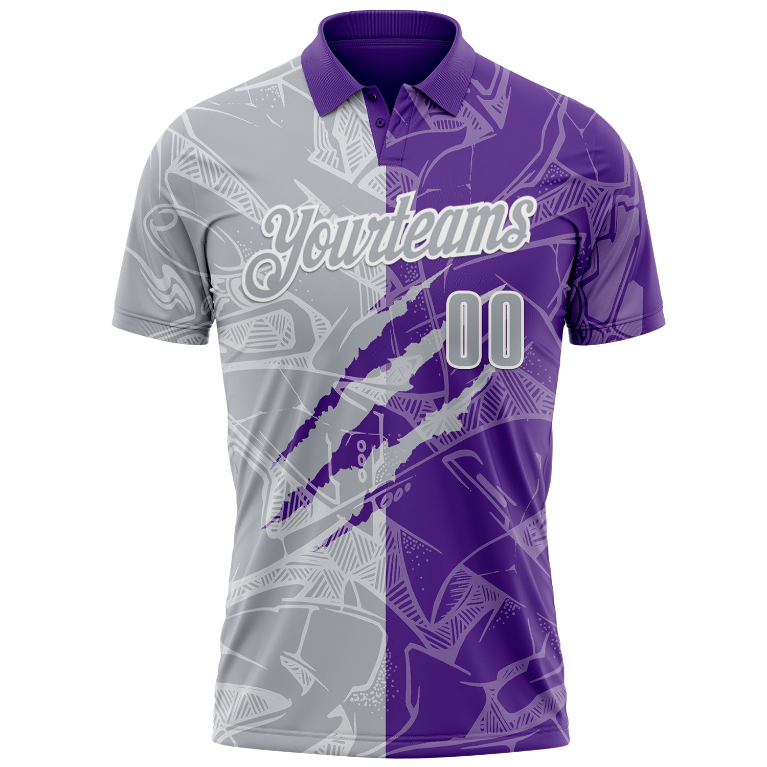 Custom Graffiti Pattern Gray Purple-White 3D Scratch Performance Polo Shirt