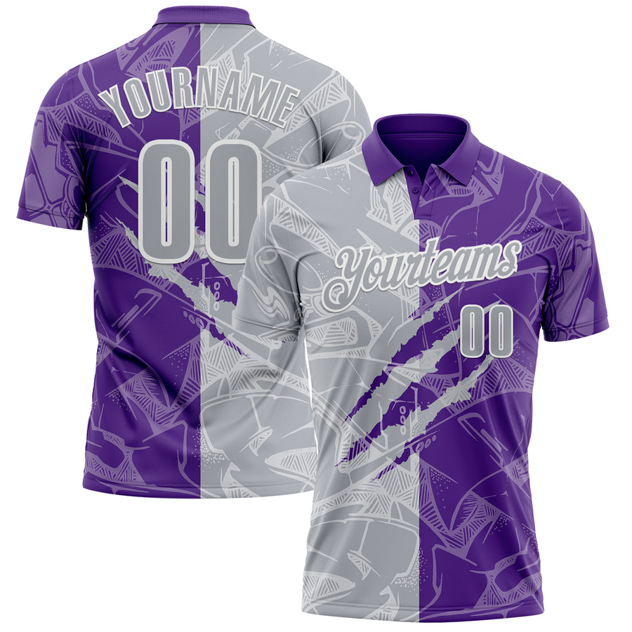 Custom Graffiti Pattern Gray Purple-White 3D Scratch Performance Polo Shirt