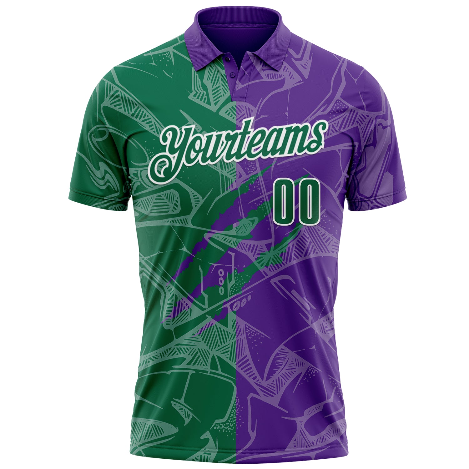Custom Graffiti Pattern Kelly Green Purple-White 3D Scratch Performance Polo Shirt