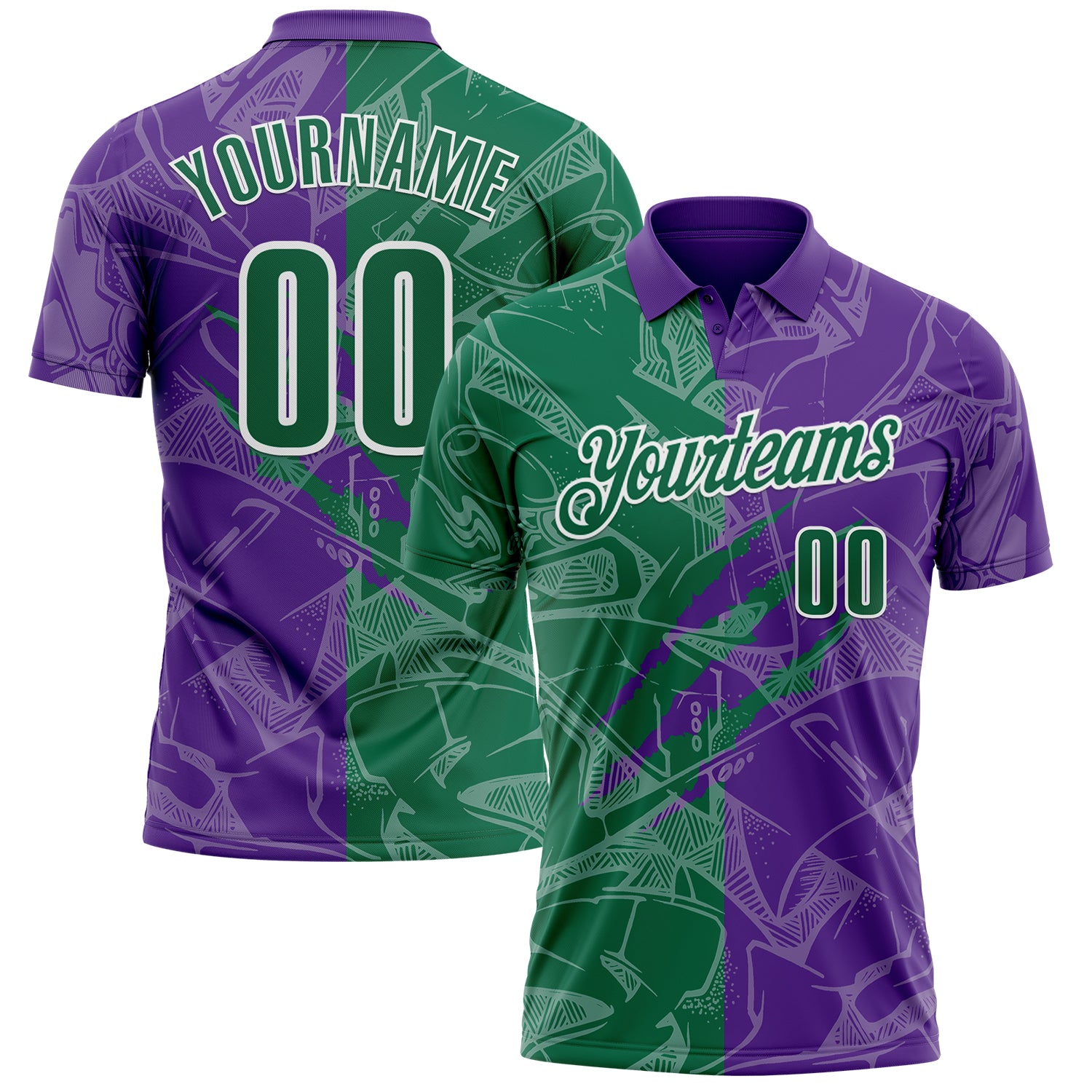 Custom Graffiti Pattern Kelly Green Purple-White 3D Scratch Performance Polo Shirt