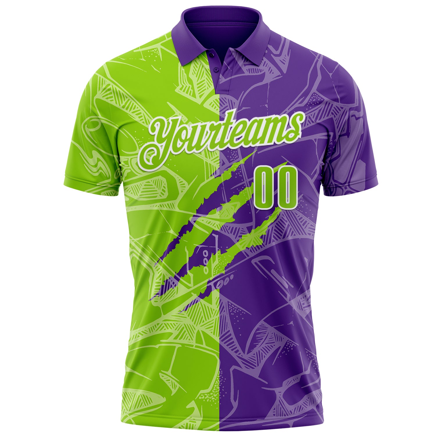 Custom Graffiti Pattern Neon Green Purple-White 3D Scratch Performance Polo Shirt