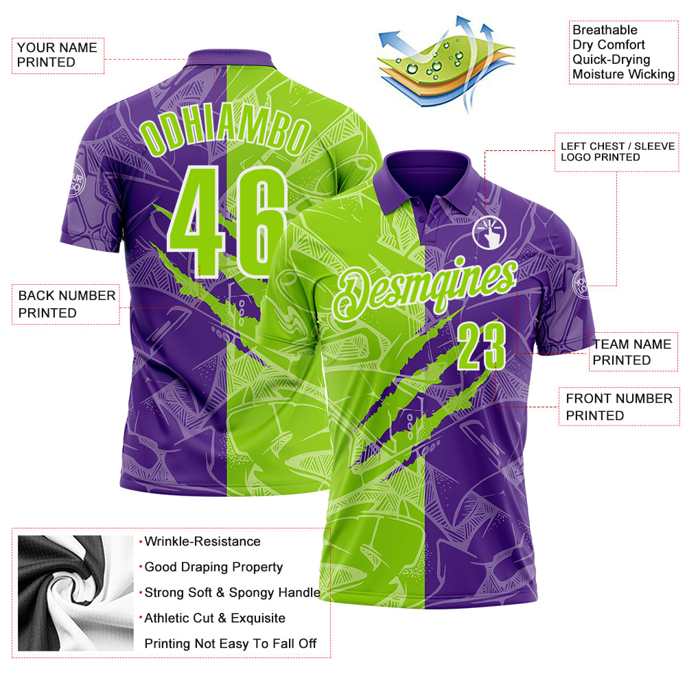 Custom Graffiti Pattern Neon Green Purple-White 3D Scratch Performance Polo Shirt
