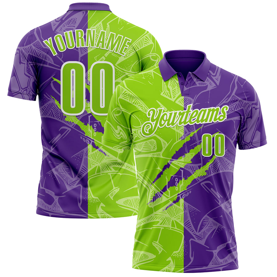 Custom Graffiti Pattern Neon Green Purple-White 3D Scratch Performance Polo Shirt