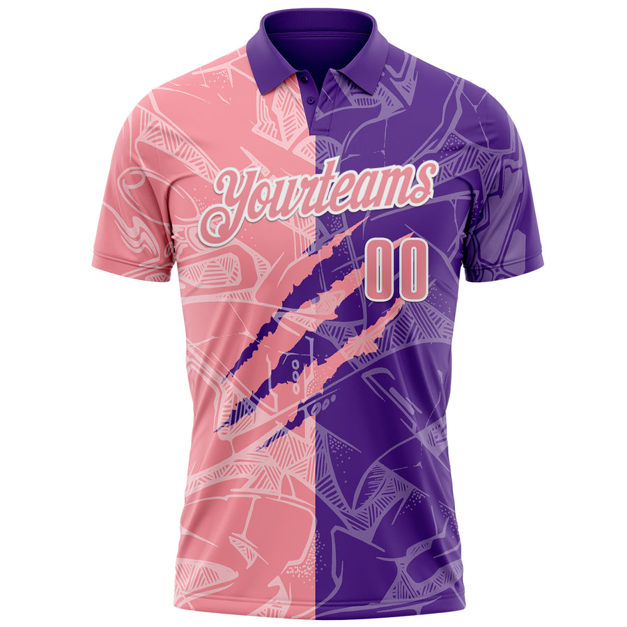Custom Graffiti Pattern Medium Pink Purple-White 3D Scratch Performance Polo Shirt
