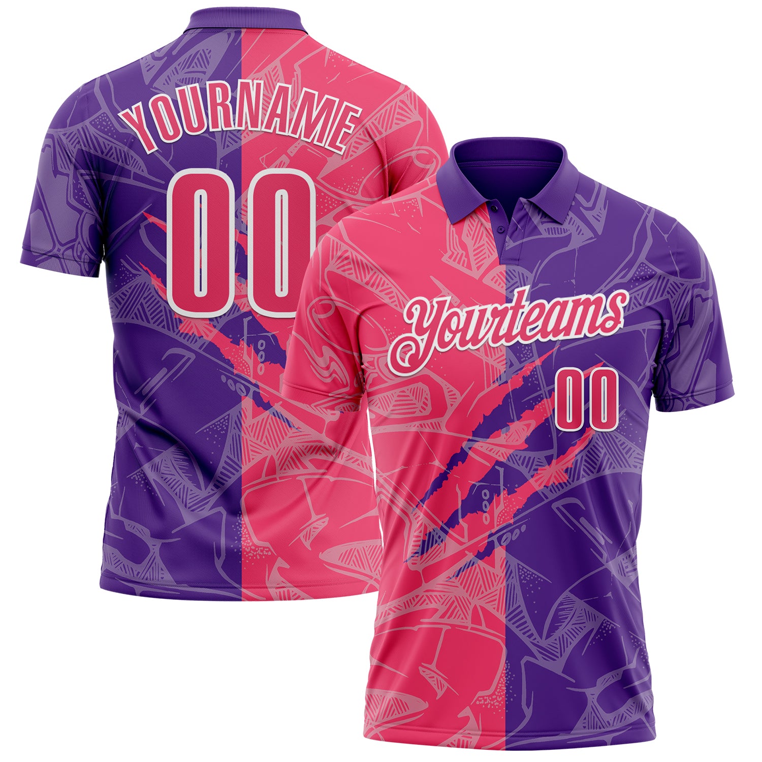 Custom Graffiti Pattern Neon Pink Purple-White 3D Scratch Performance Polo Shirt
