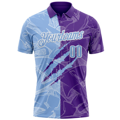 Custom Graffiti Pattern Light Blue Purple-White 3D Scratch Performance Polo Shirt