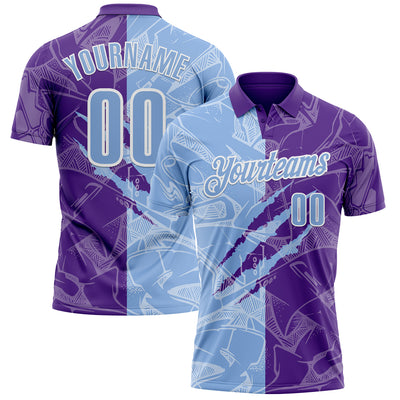 Custom Graffiti Pattern Light Blue Purple-White 3D Scratch Performance Polo Shirt