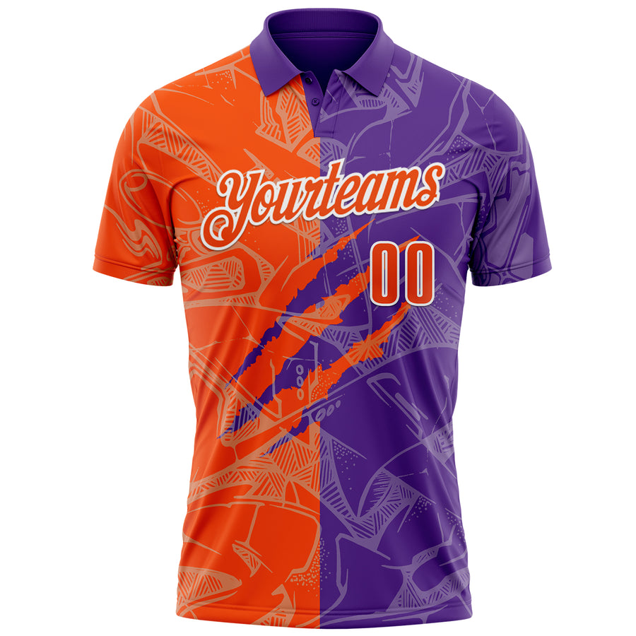 Custom Graffiti Pattern Orange Purple-White 3D Scratch Performance Polo Shirt