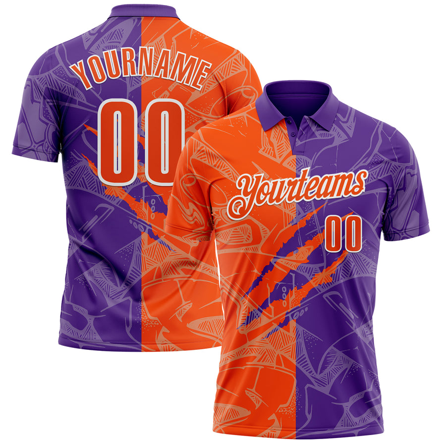 Custom Graffiti Pattern Orange Purple-White 3D Scratch Performance Polo Shirt