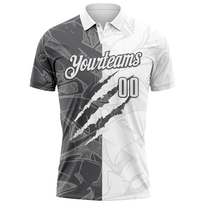 Custom Graffiti Pattern White-Steel Gray 3D Scratch Performance Polo Shirt