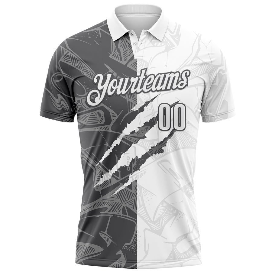 Custom Graffiti Pattern White-Steel Gray 3D Scratch Performance Polo Shirt