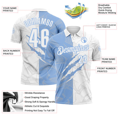 Custom Graffiti Pattern White-Light Blue 3D Scratch Performance Polo Shirt
