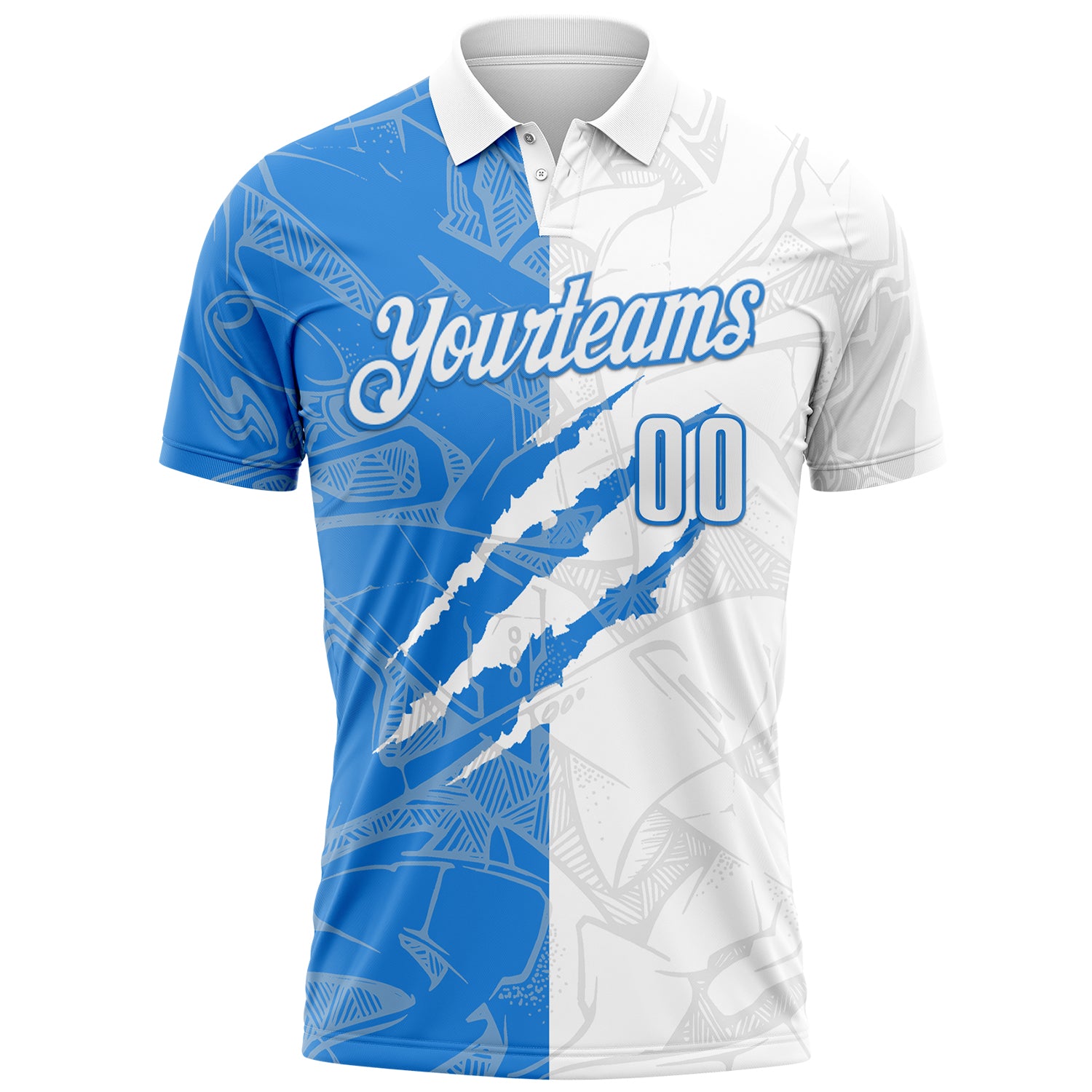 Custom Graffiti Pattern White-Powder Blue 3D Scratch Performance Polo Shirt
