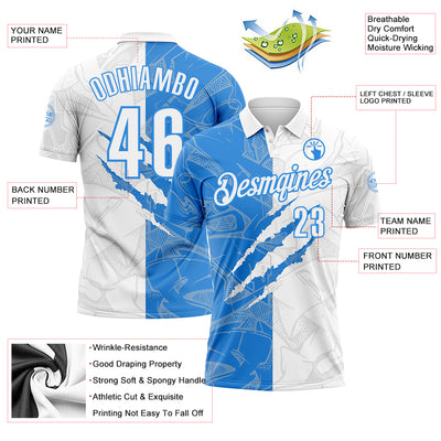 Custom Graffiti Pattern White-Powder Blue 3D Scratch Performance Polo Shirt