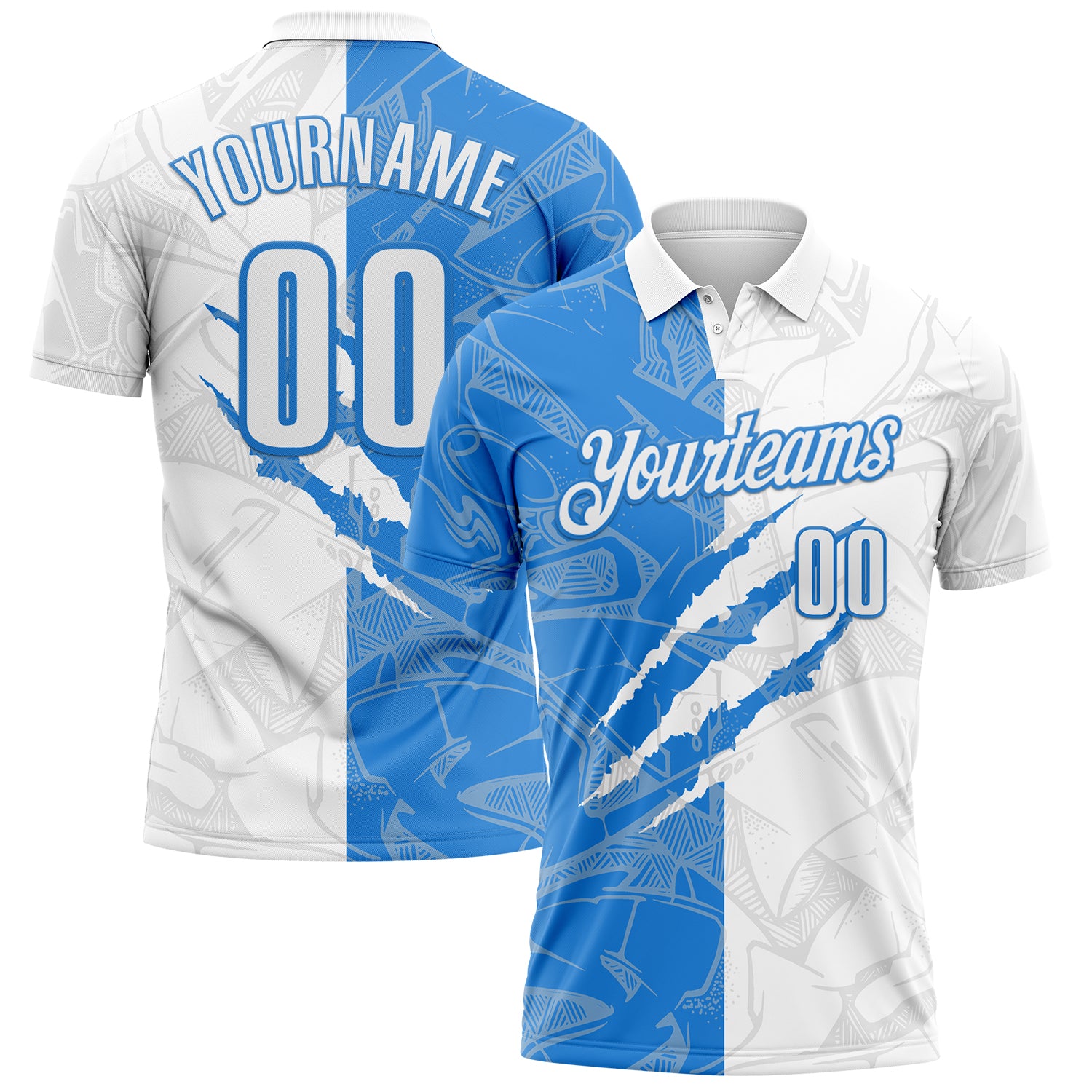 Custom Graffiti Pattern White-Powder Blue 3D Scratch Performance Polo Shirt