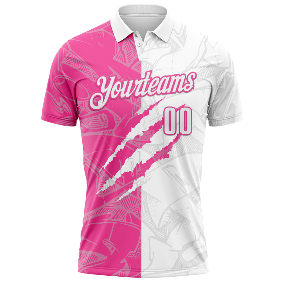Custom Graffiti Pattern White-Pink 3D Scratch Performance Polo Shirt