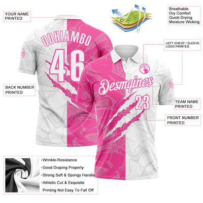 Custom Graffiti Pattern White-Pink 3D Scratch Performance Polo Shirt