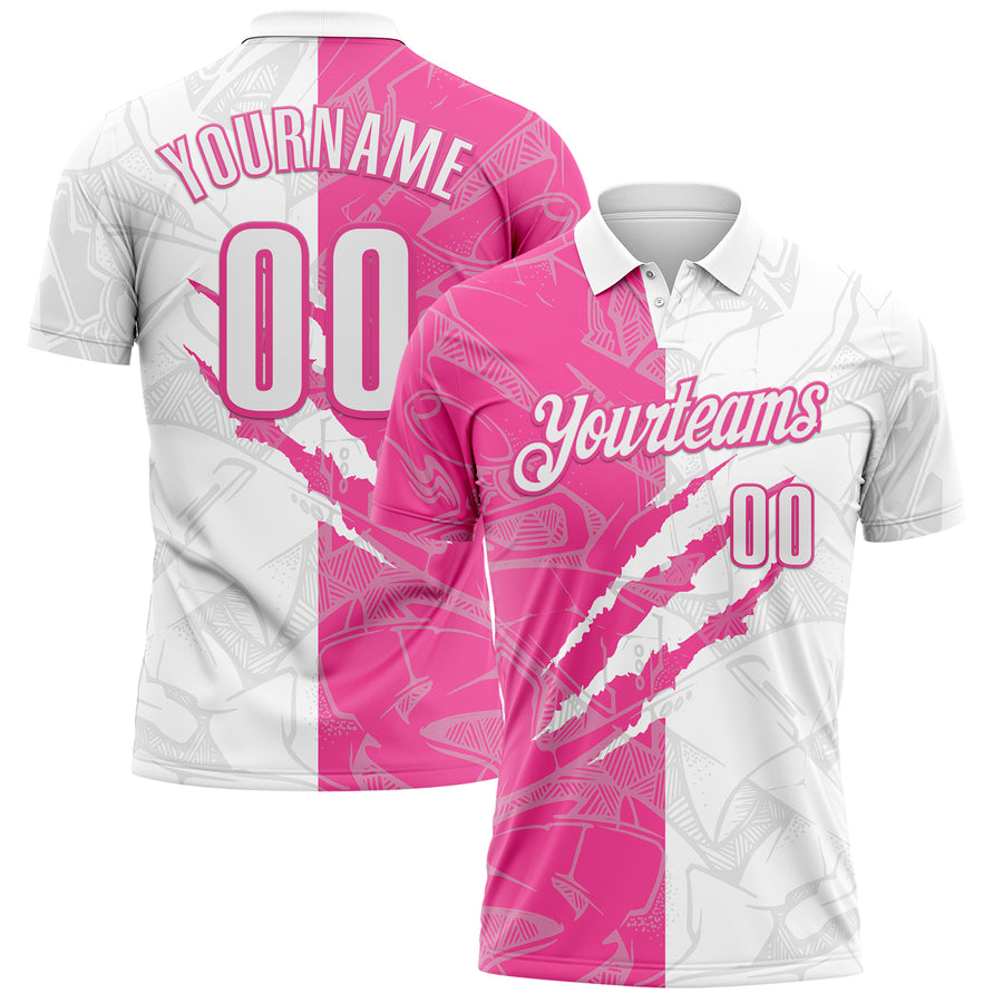 Custom Graffiti Pattern White-Pink 3D Scratch Performance Polo Shirt