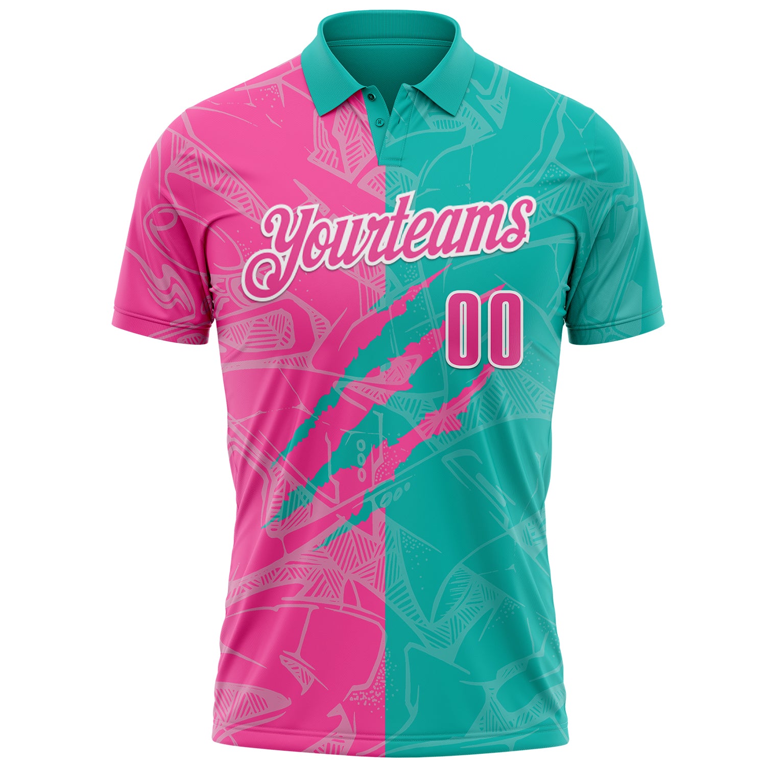 Custom Graffiti Pattern Pink Aqua-White 3D Scratch Performance Polo Shirt