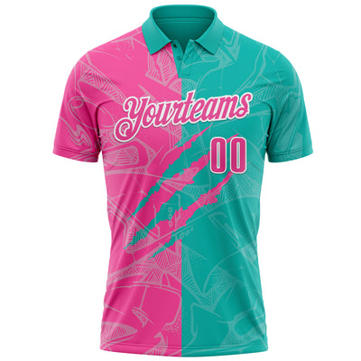 Custom Graffiti Pattern Pink Aqua-White 3D Scratch Performance Polo Shirt