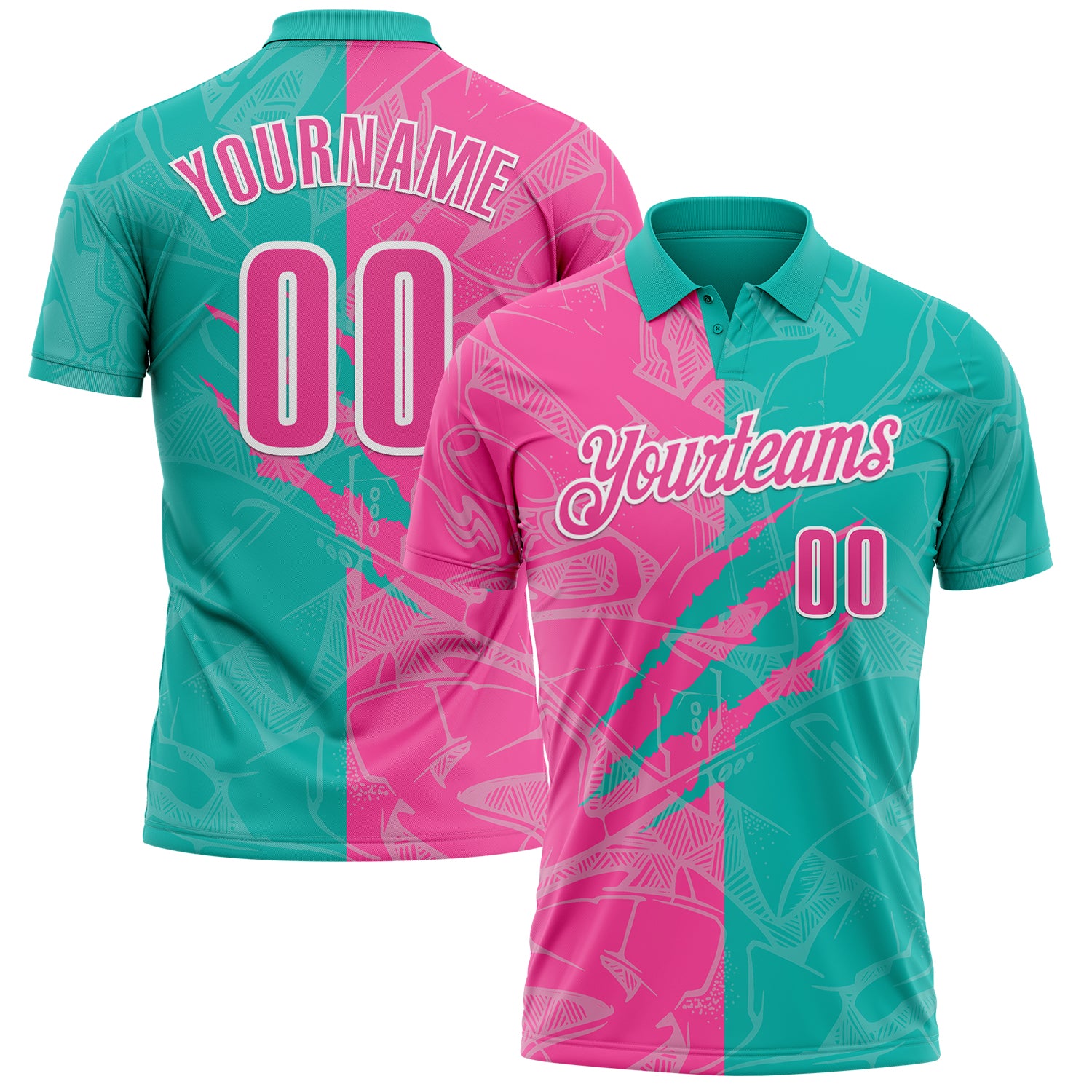 Custom Graffiti Pattern Pink Aqua-White 3D Scratch Performance Polo Shirt