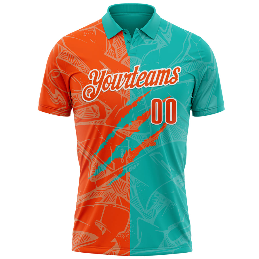 Custom Graffiti Pattern Orange Aqua-White 3D Scratch Performance Polo Shirt