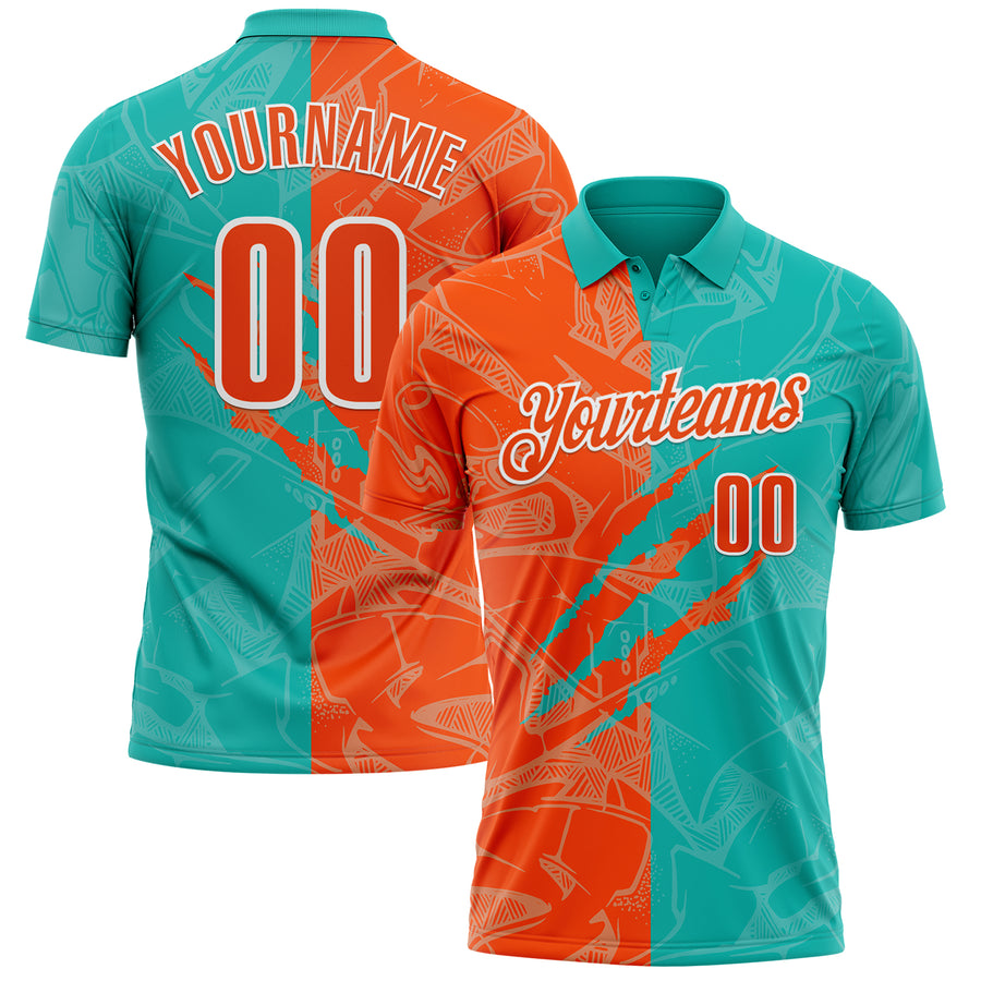 Custom Graffiti Pattern Orange Aqua-White 3D Scratch Performance Polo Shirt