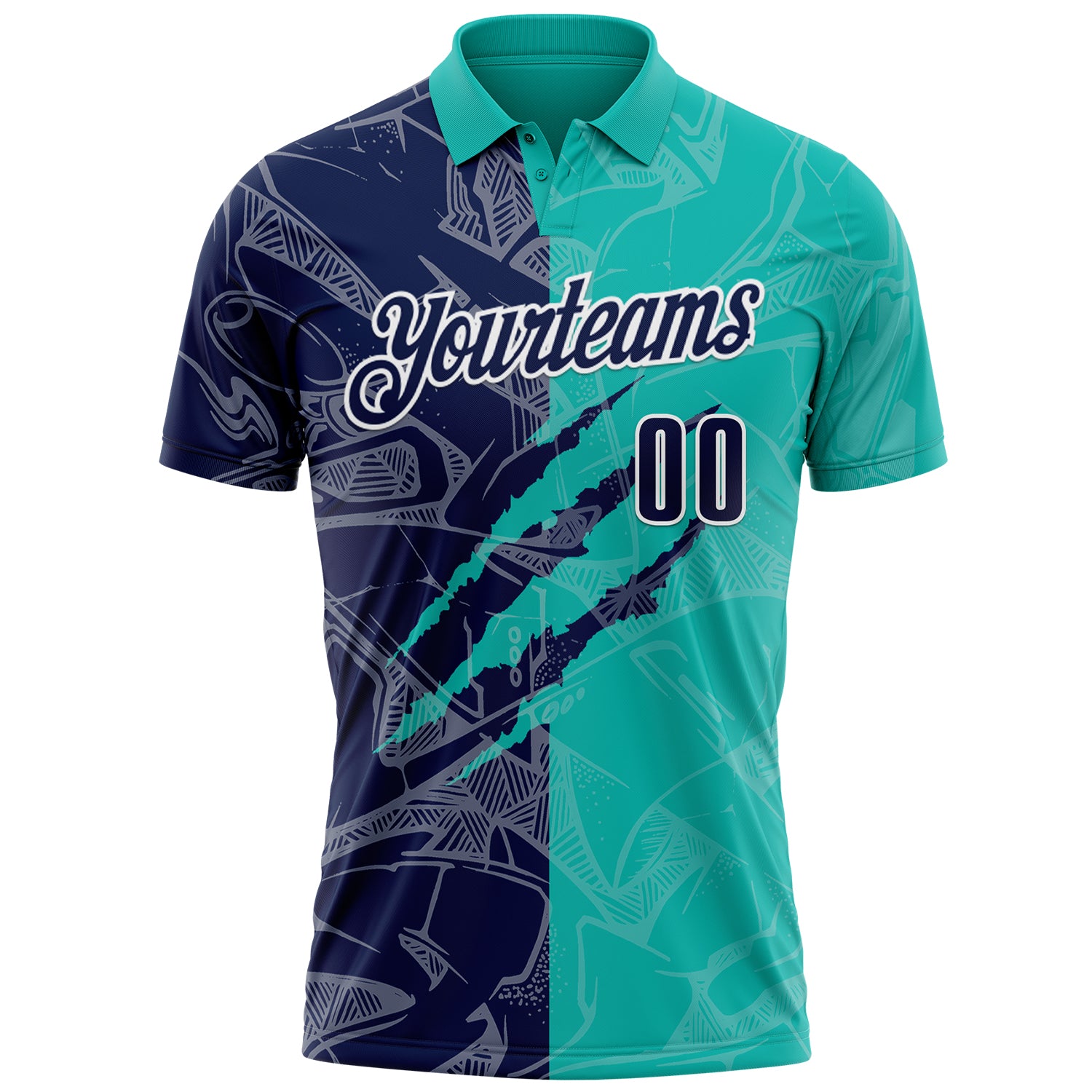 Custom Graffiti Pattern Navy Aqua-White 3D Scratch Performance Polo Shirt