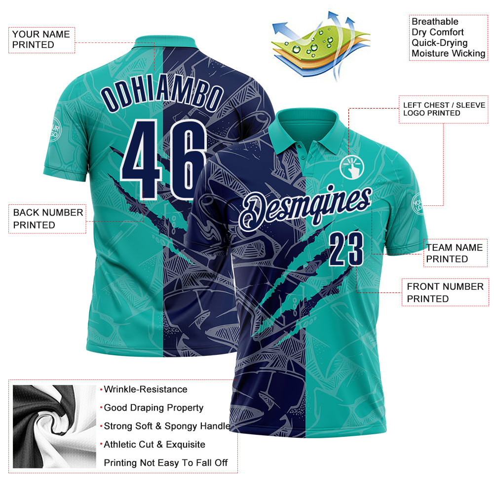 Custom Graffiti Pattern Navy Aqua-White 3D Scratch Performance Polo Shirt