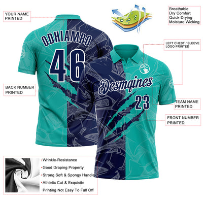 Custom Graffiti Pattern Navy Aqua-White 3D Scratch Performance Polo Shirt
