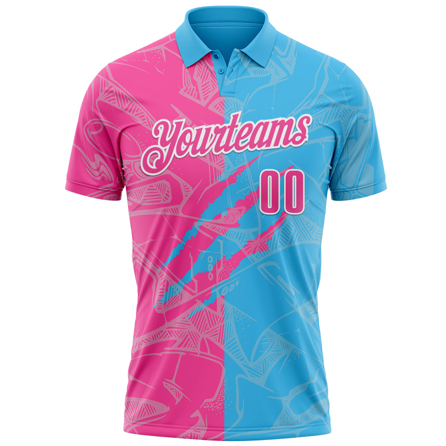 Custom Graffiti Pattern Pink Sky Blue-White 3D Scratch Performance Polo Shirt